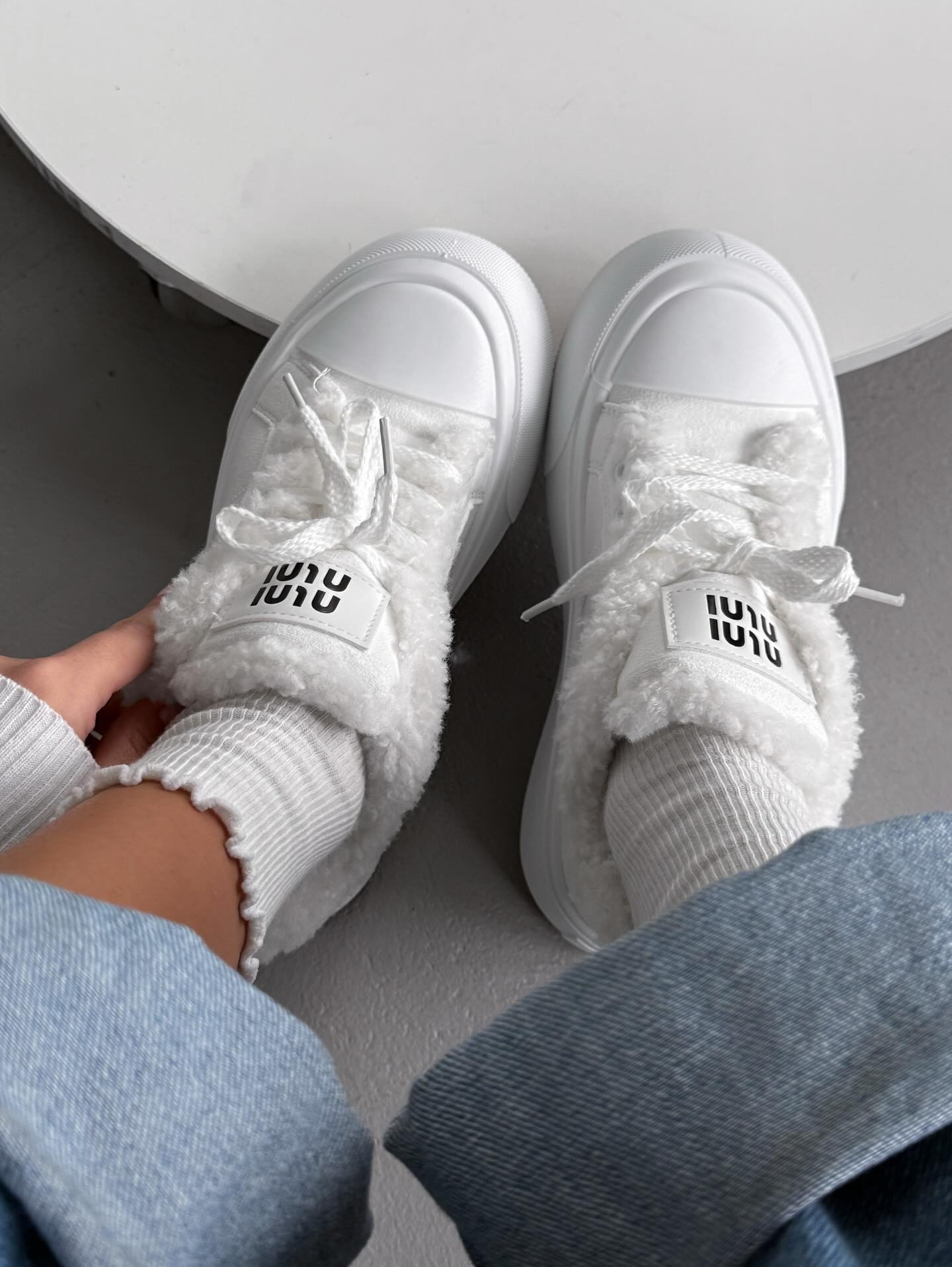 White Platform Sneakers With Faux Fur Trim