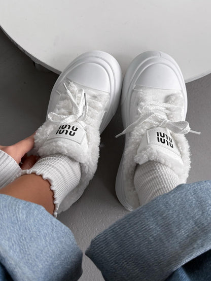 White Platform Sneakers With Faux Fur Trim