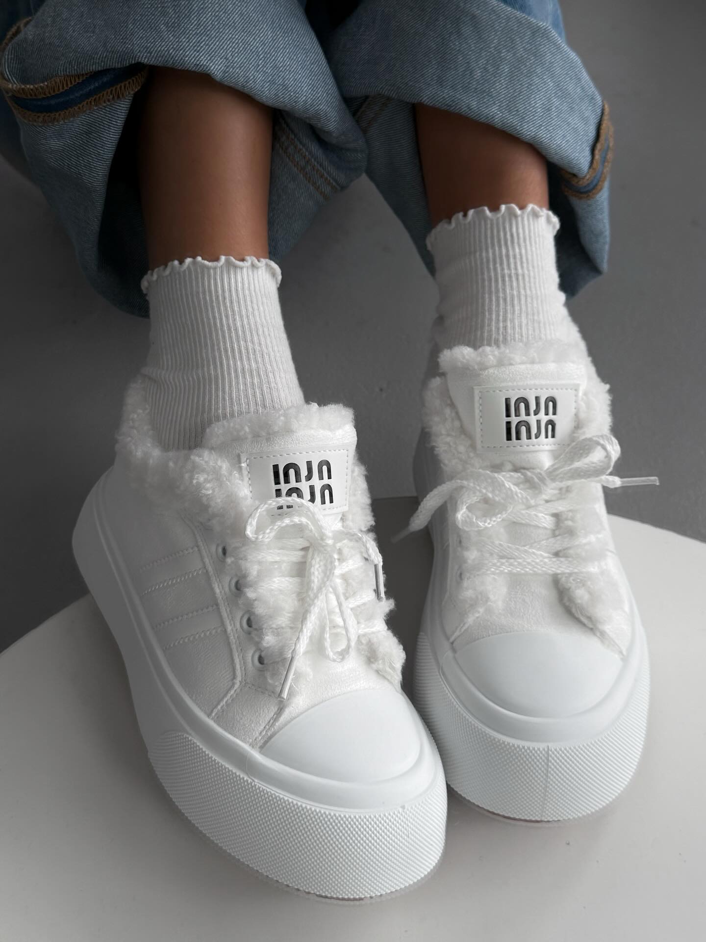 White Platform Sneakers With Faux Fur Trim