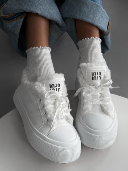 White Platform Sneakers With Faux Fur Trim