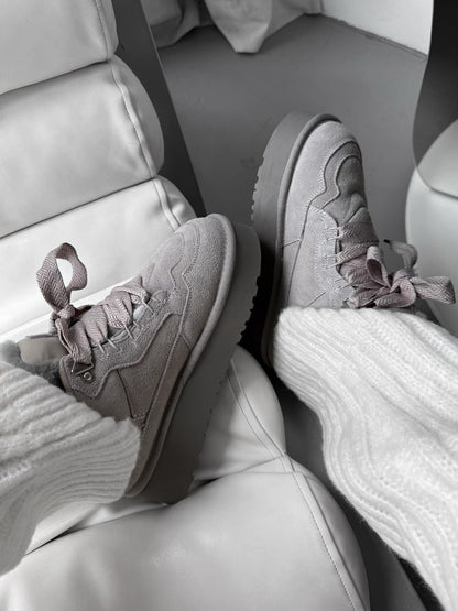 Gray Platform Sneakers With Fur-Lined Details