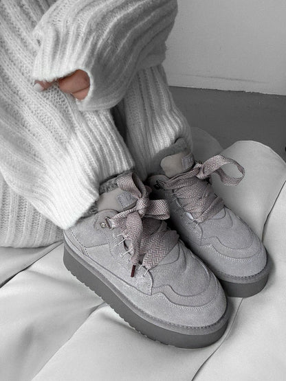 Gray Platform Sneakers With Fur-Lined Details