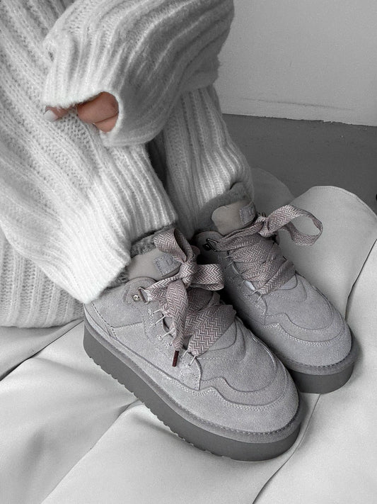 Gray Platform Sneakers With Fur-Lined Details