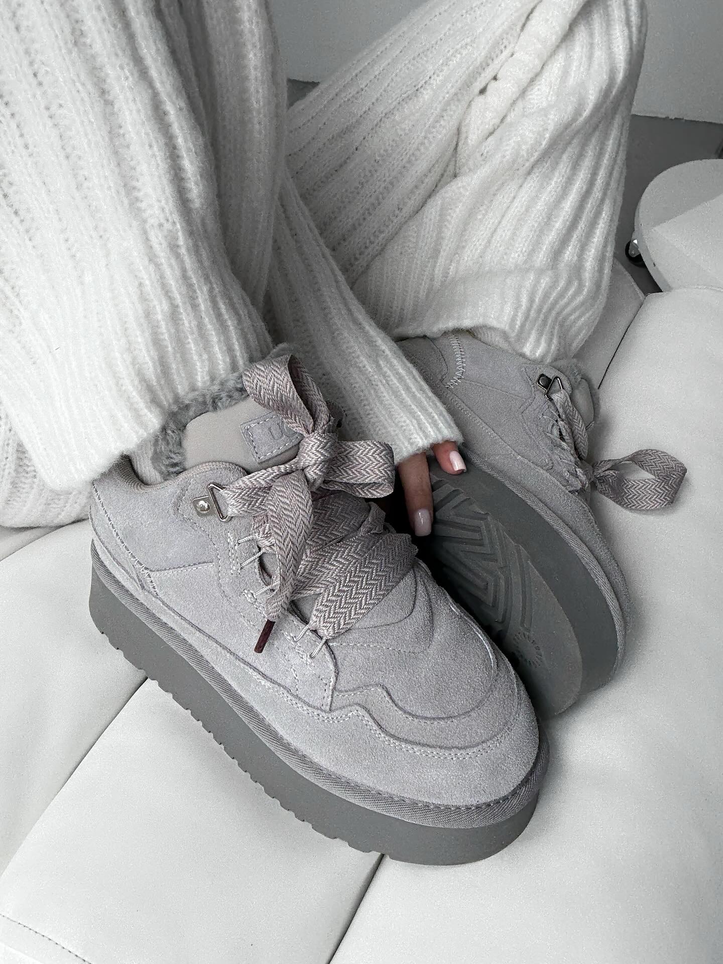 Gray Platform Sneakers With Fur-Lined Details