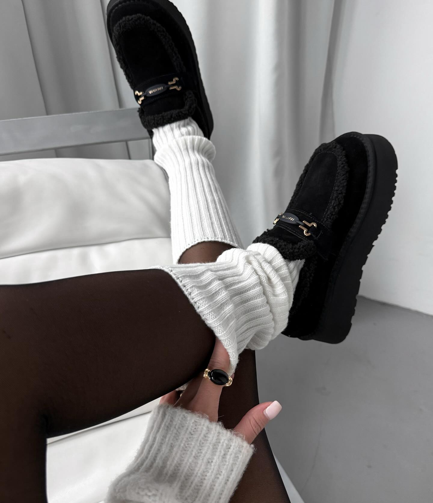 Black Fur-Lined Moccasin-Style Loafers