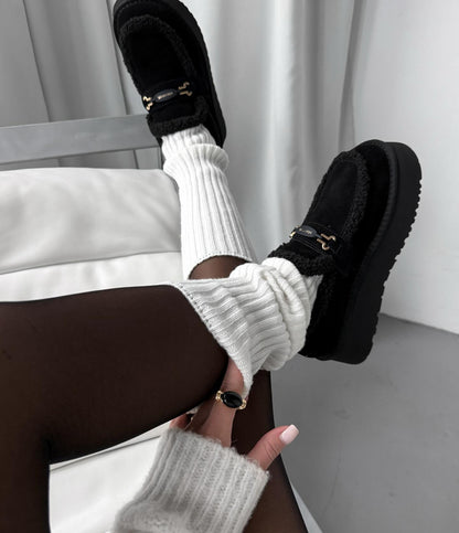 Black Fur-Lined Moccasin-Style Loafers
