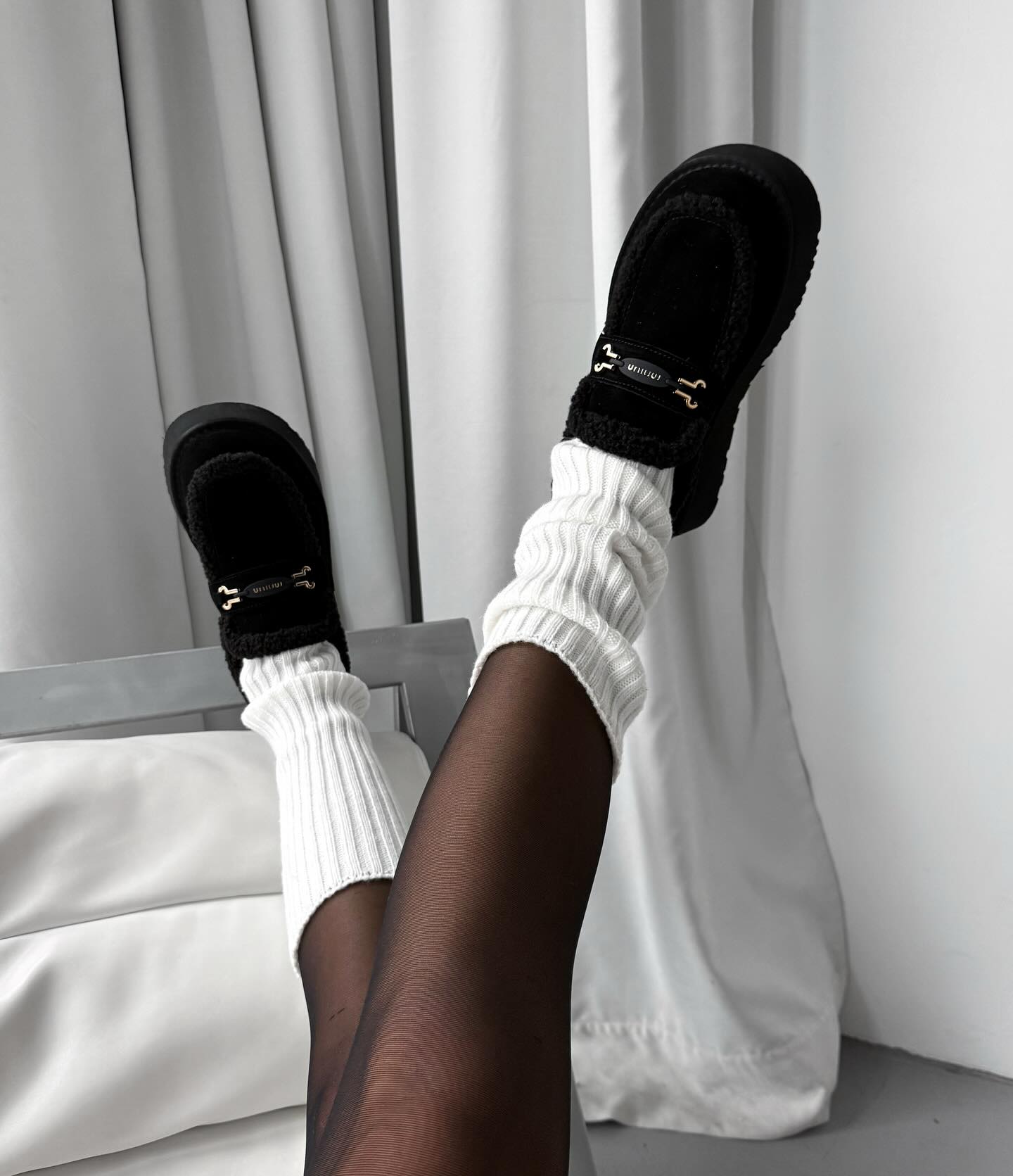 Black Fur-Lined Moccasin-Style Loafers