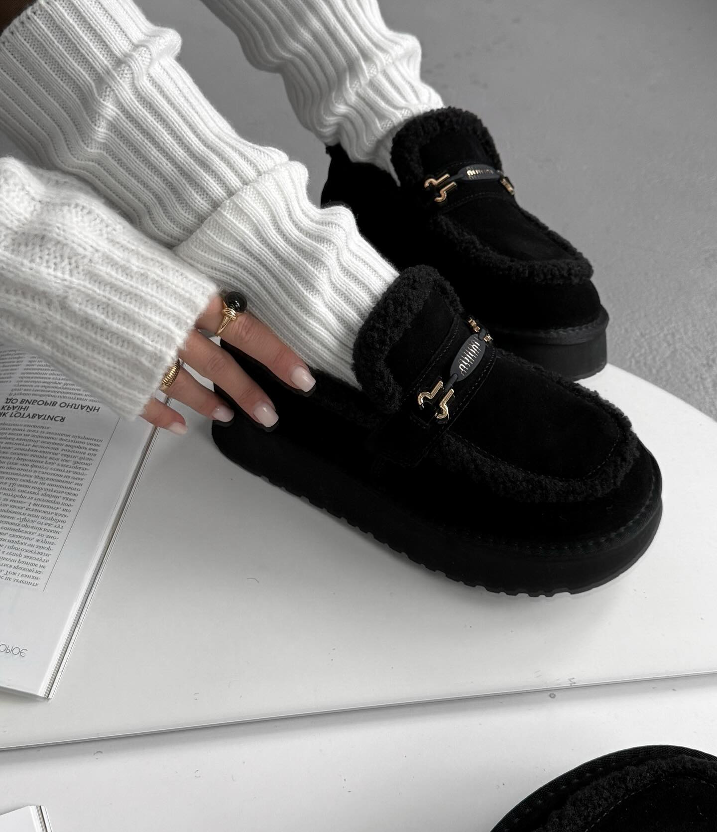 Black Fur-Lined Moccasin-Style Loafers