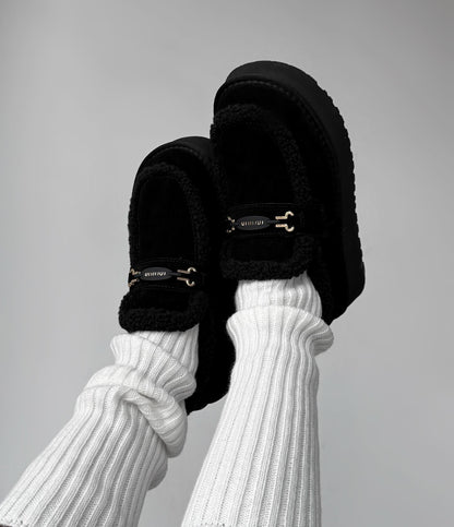 Black Fur-Lined Moccasin-Style Loafers