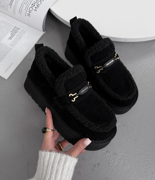 Black Fur-Lined Moccasin-Style Loafers