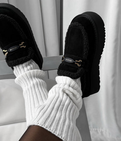 Black Fur-Lined Moccasin-Style Loafers