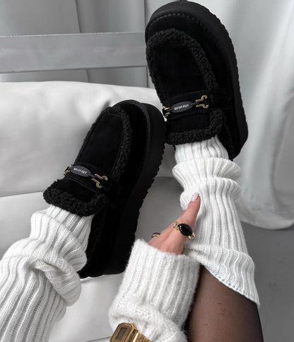Black Fur-Lined Moccasin-Style Loafers