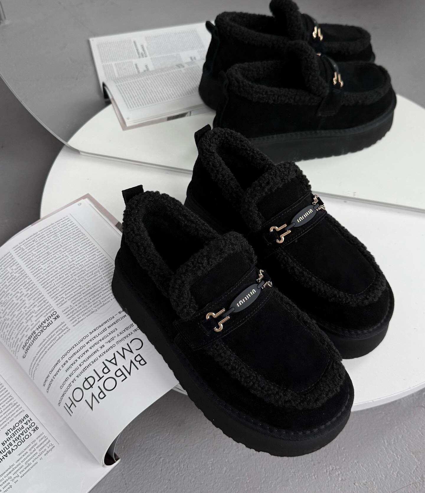Black Fur-Lined Moccasin-Style Loafers