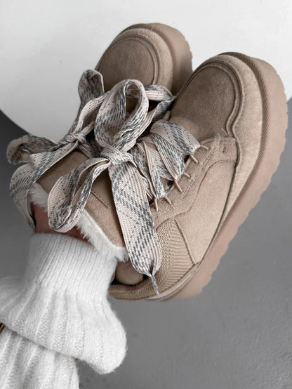 Beige Platform Sneakers With Oversized Wool-Effect Laces