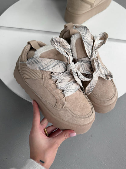 Beige Platform Sneakers With Oversized Wool-Effect Laces