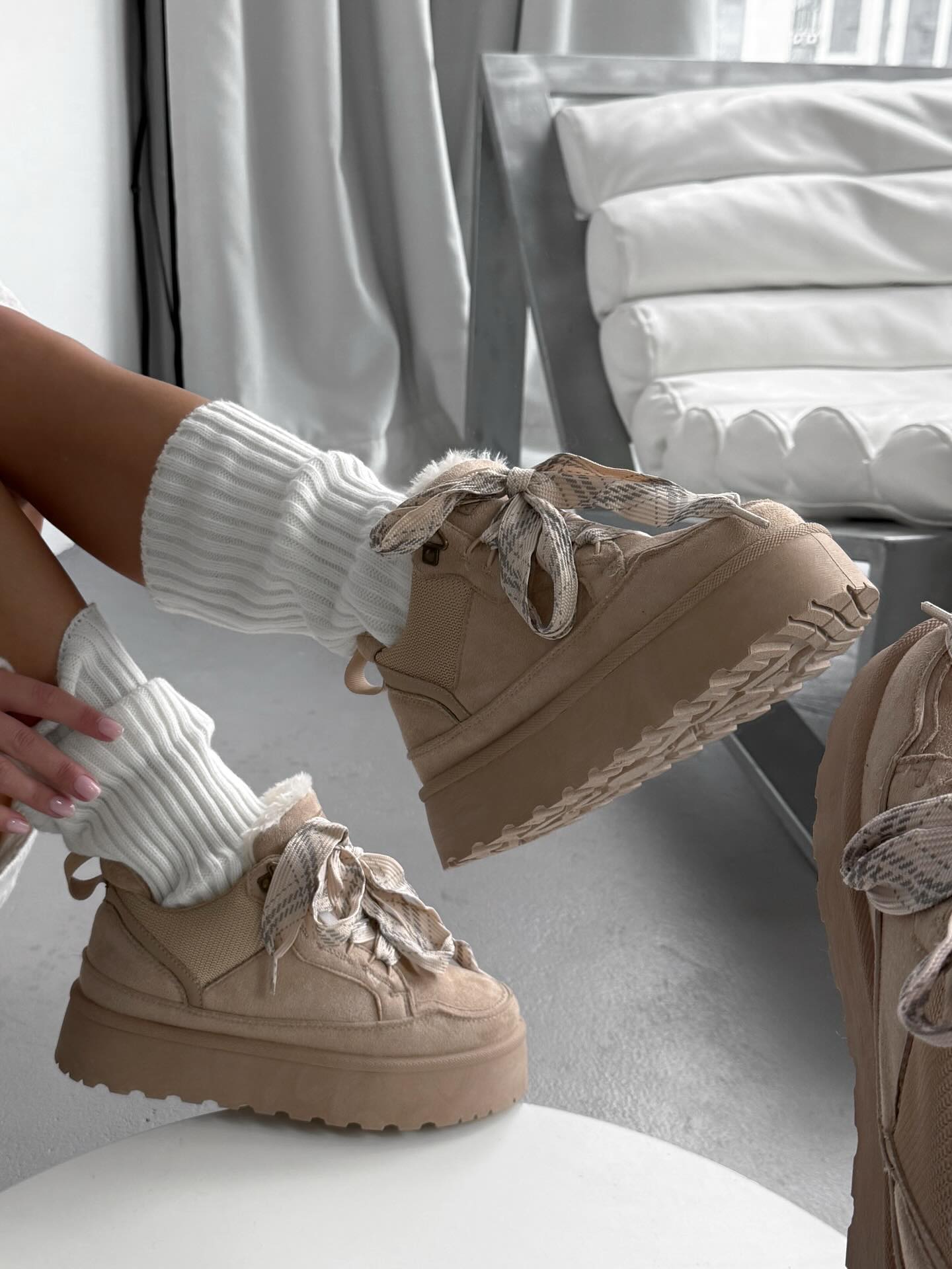 Beige Platform Sneakers With Oversized Wool-Effect Laces