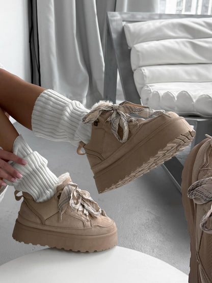 Beige Platform Sneakers With Oversized Wool-Effect Laces