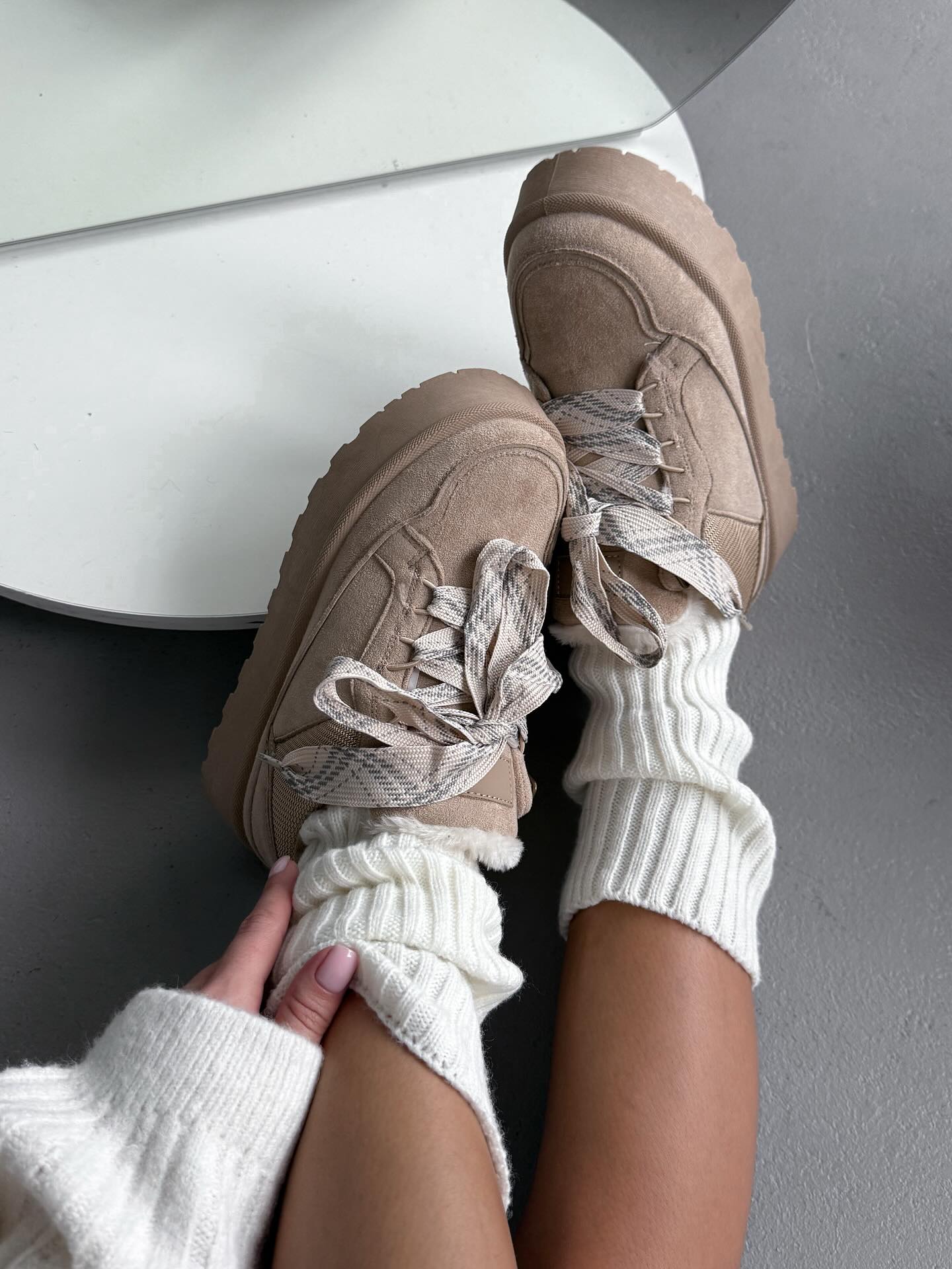 Beige Platform Sneakers With Oversized Wool-Effect Laces