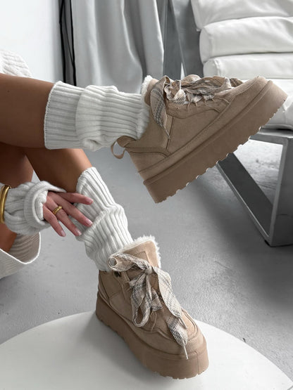 Beige Platform Sneakers With Oversized Wool-Effect Laces