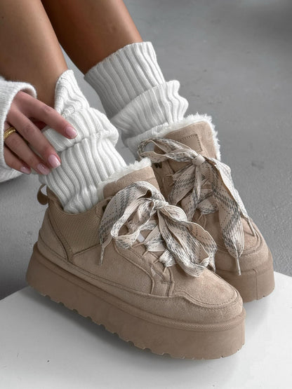 Beige Platform Sneakers With Oversized Wool-Effect Laces