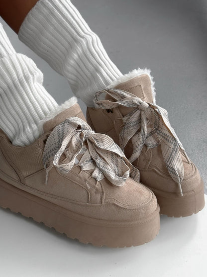 Beige Platform Sneakers With Oversized Wool-Effect Laces