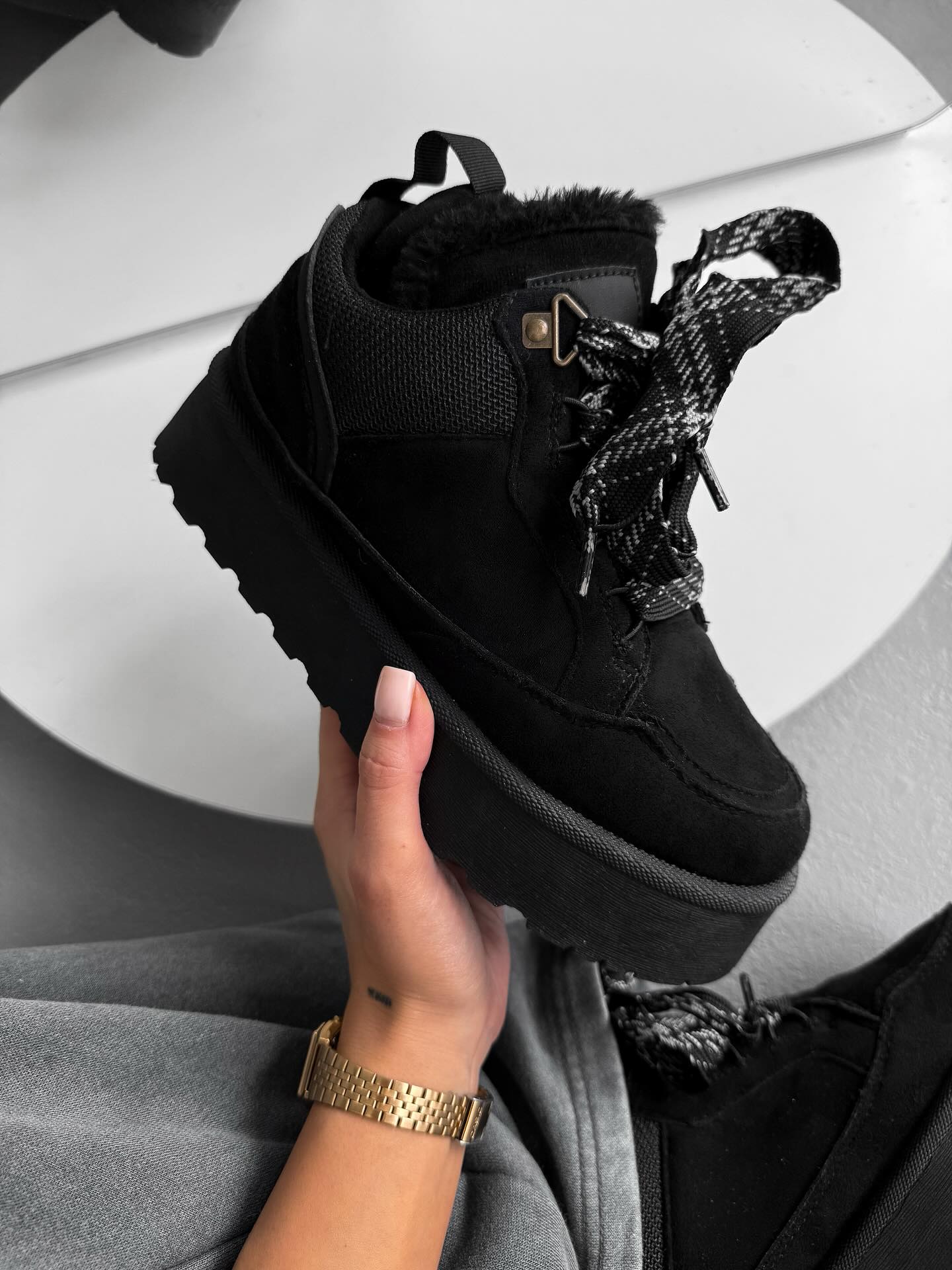 Beige Platform Sneakers With Oversized Wool-Effect Laces