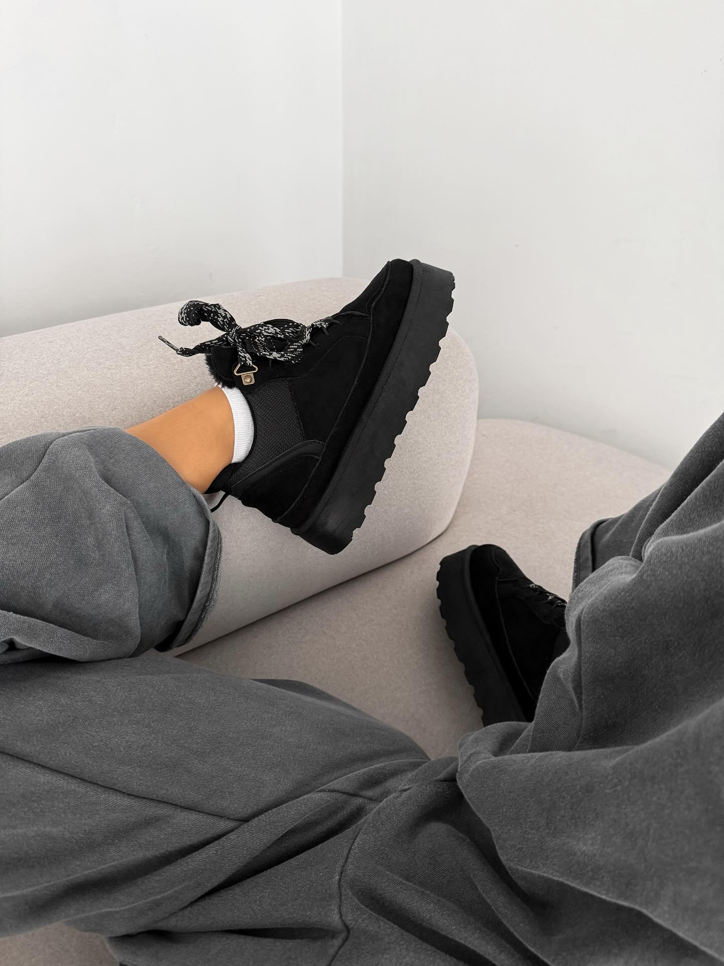 Beige Platform Sneakers With Oversized Wool-Effect Laces