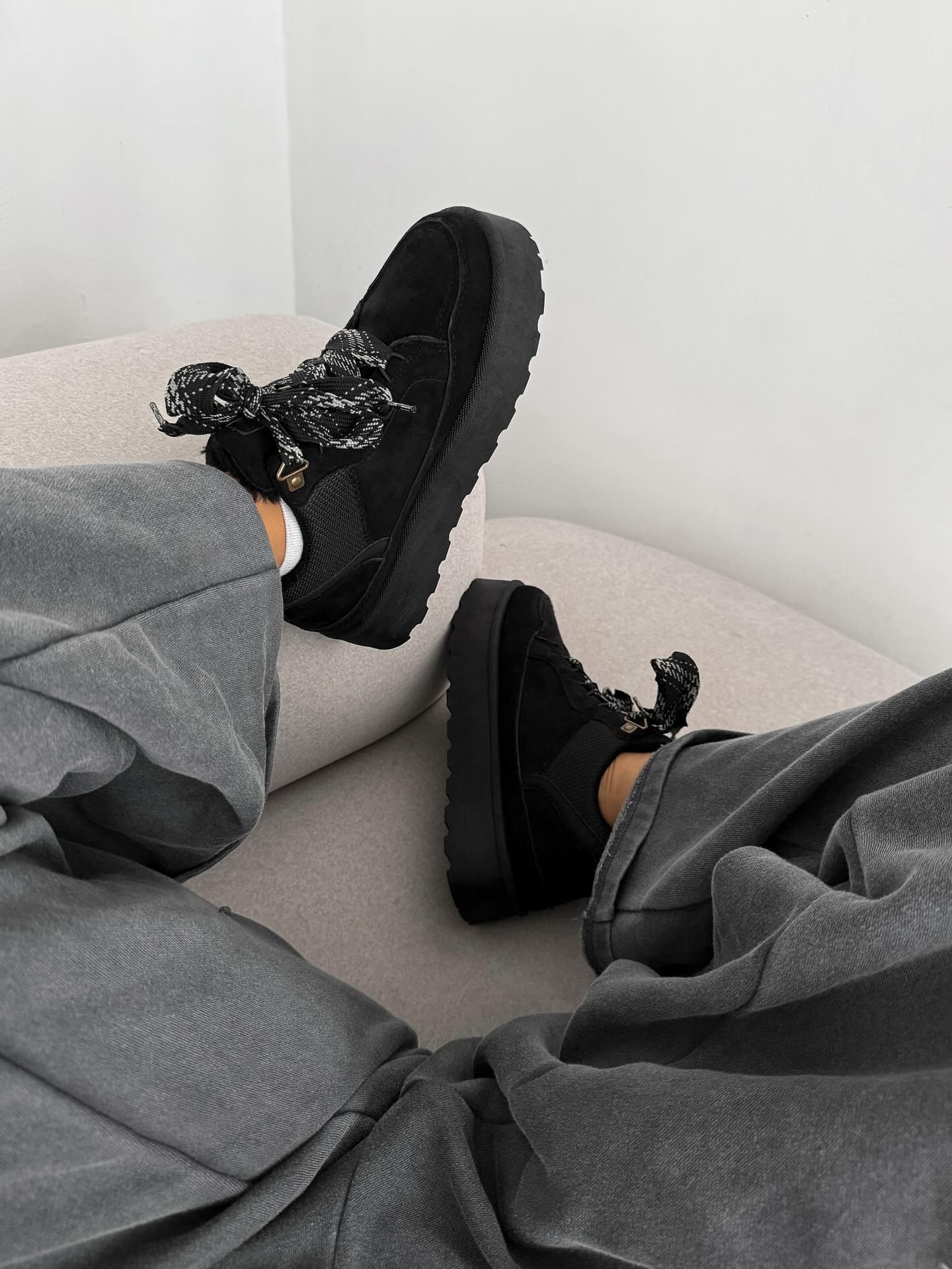 Beige Platform Sneakers With Oversized Wool-Effect Laces