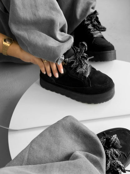 Beige Platform Sneakers With Oversized Wool-Effect Laces