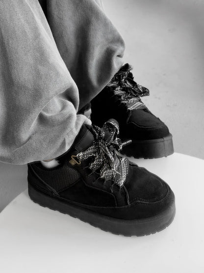 Beige Platform Sneakers With Oversized Wool-Effect Laces