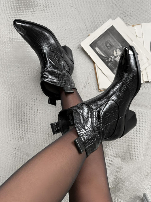 Black Croc-Texture Ankle Boots With Block Heel