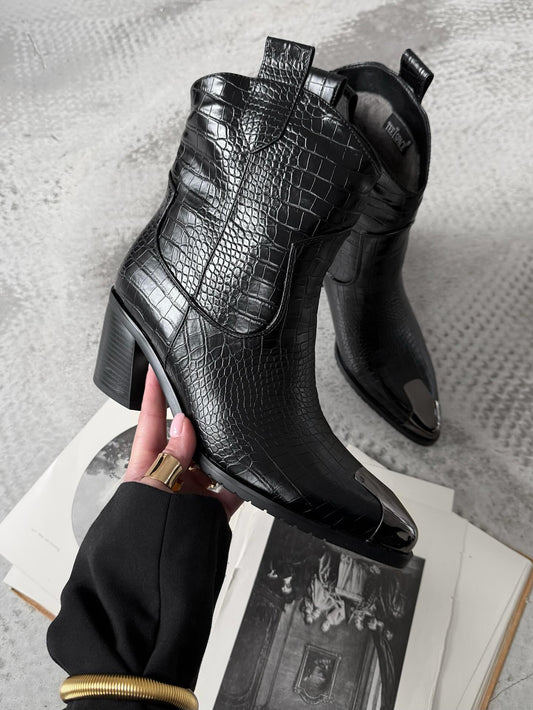 Black Croc-Texture Ankle Boots With Block Heel