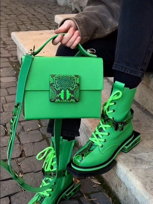 Neon Green Structured Crossbody Bag With Snakeskin Accent