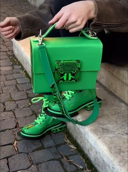 Neon Green Structured Crossbody Bag With Snakeskin Accent