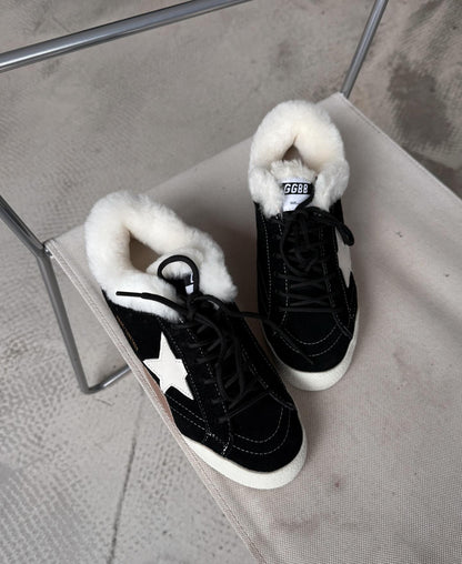 Black High-Top Sneaker Boots With White Star Accent