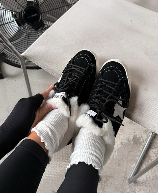 Black High-Top Sneaker Boots With White Star Accent