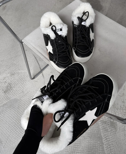 Black High-Top Sneaker Boots With White Star Accent