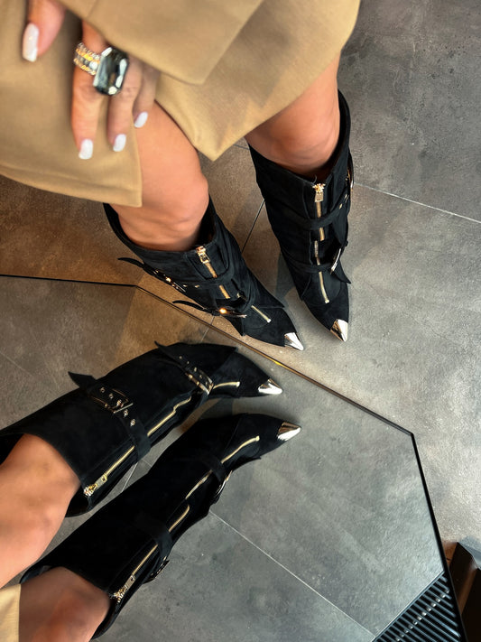 Goldtone Zip Suede Knee-High Boots