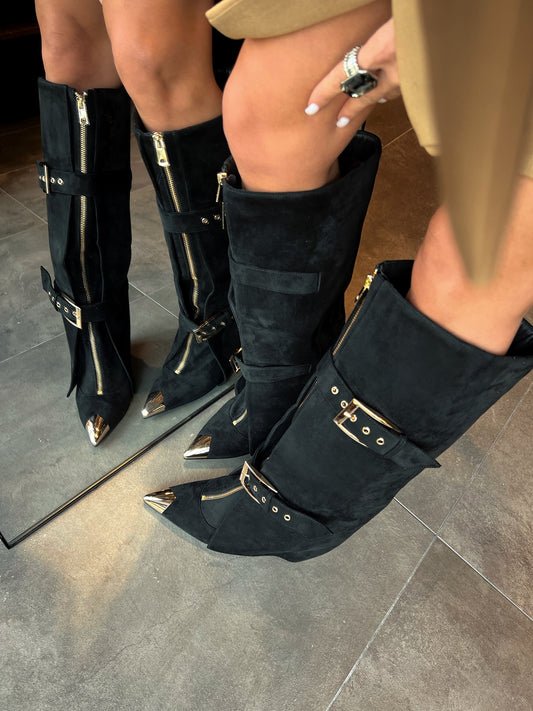 Goldtone Zip Suede Knee-High Boots