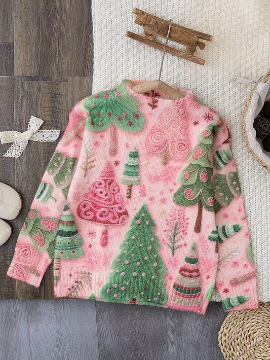 Pink Christmas Sweater With Green Trees