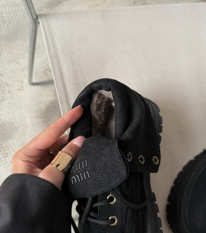 Suede Boots With Cushioned Fold-Over Collar