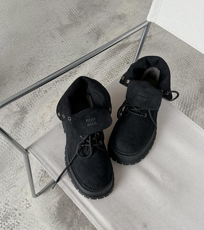 Suede Boots With Cushioned Fold-Over Collar