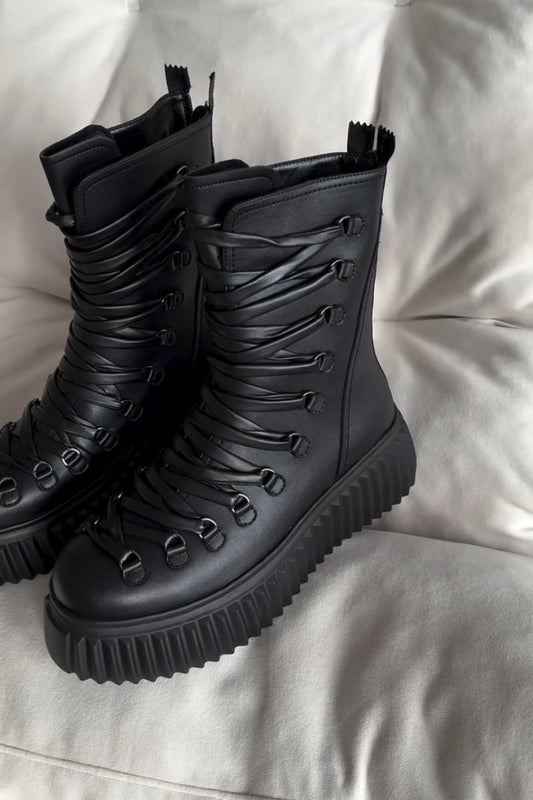 Black Combat Boots With Chunky Lug Sole