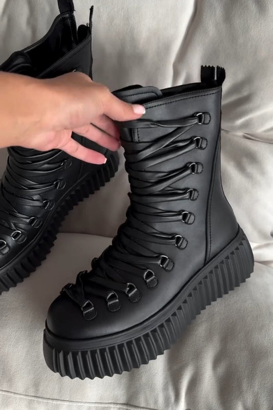 Black Combat Boots With Chunky Lug Sole