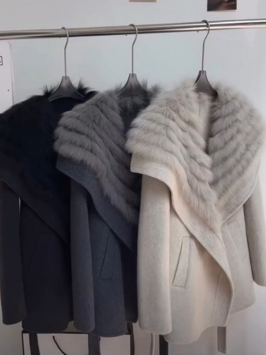 Ivory Wool-Blend Coat With Oversized Fur Collar