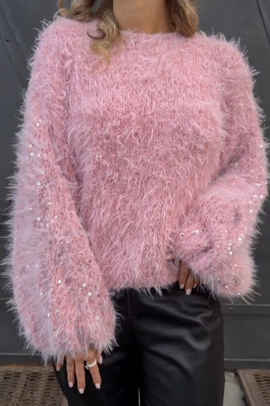 Pink Fluffy Sweater With Sequin Sparkles