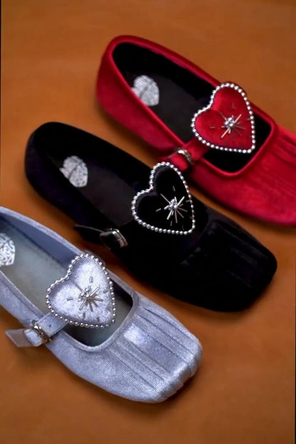 Red Heart-Centered Mary Jane Flats With Beaded Trim