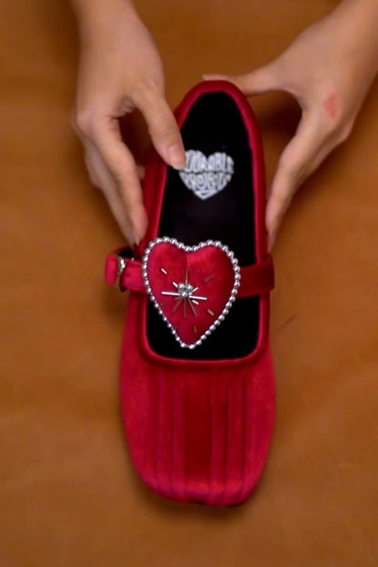 Red Heart-Centered Mary Jane Flats With Beaded Trim