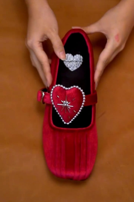 Red Heart-Centered Mary Jane Flats With Beaded Trim