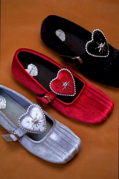 Red Heart-Centered Mary Jane Flats With Beaded Trim